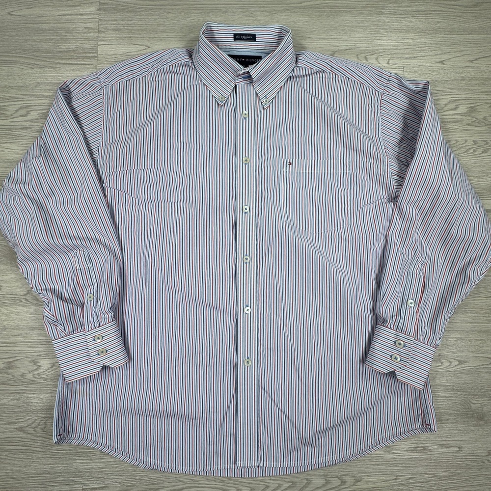 Tommy Hilfiger Men's Button Down Shirt Striped Red White Blue XL Long Sleeve
